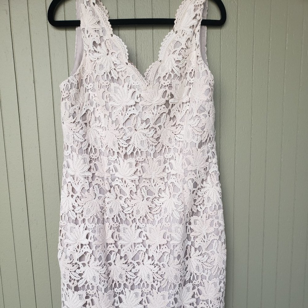 Cream V neck Sleeveless Cotton Lace Dress
